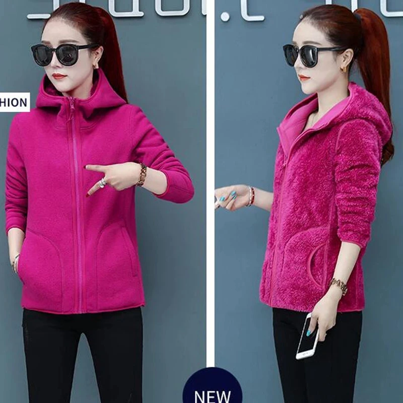 2023 nNew Fashion Double-Sided Wear Jacket Women\'s Autumn Winter Coat Casual Hooded Polar Fleece Warm Outwear Female Sportswear