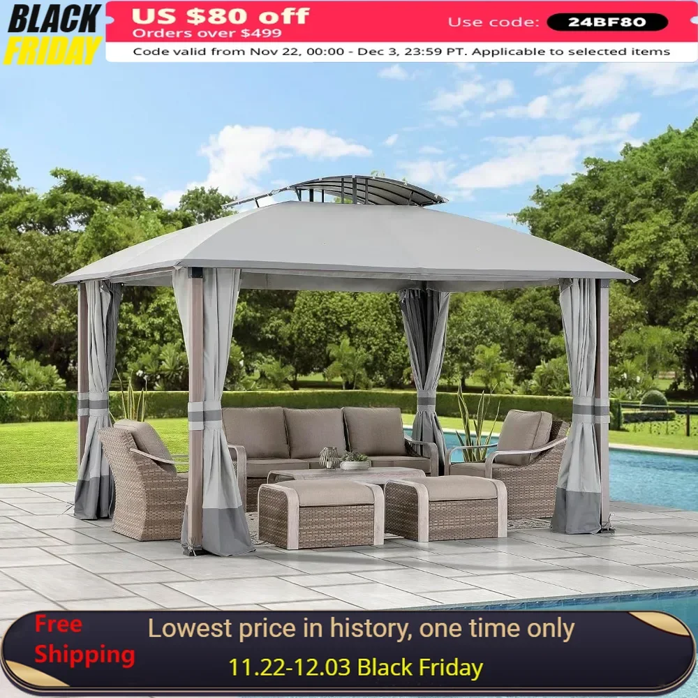 Steel Frame Soft Top Gazebo With Ceiling Hook Roof Top Tent 11 Ft. X 13 Ft. Gazebo With 2-Tier Canopy Roof Gray Camping Sunshade