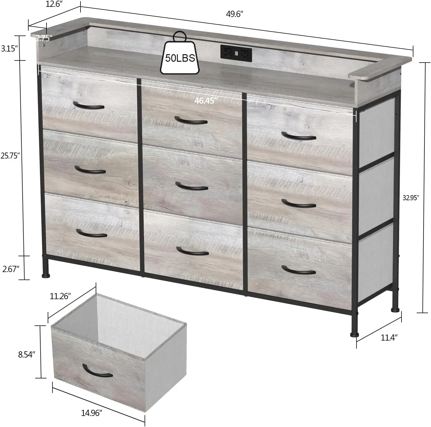 Dresser with Charge Station 9 Drawers Dresser for Bedroom with LED Lights Tall Wide Fabric Dressers & Chests of Drawers