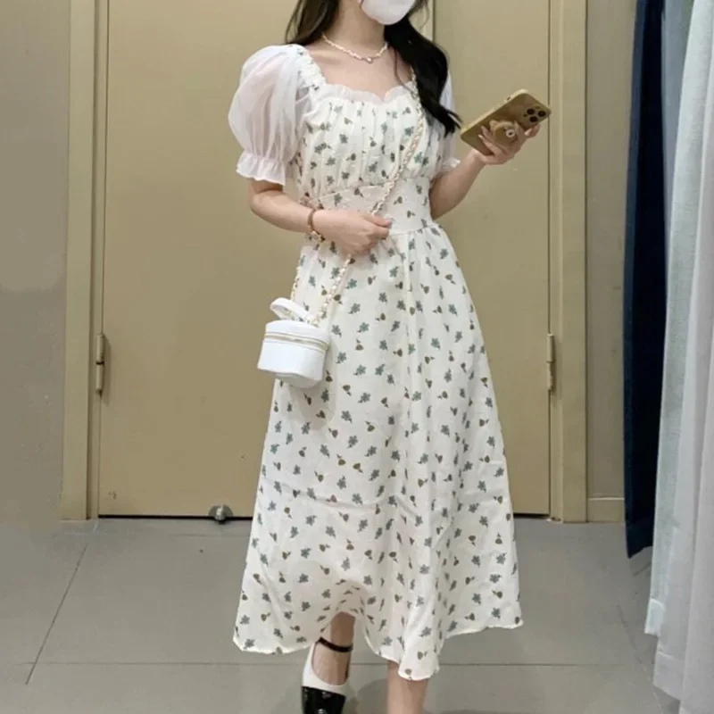 

New Summer Women's Elegant Dress Vintage Casual Short Puff Sleeve Square Neck Dress Fashion Sweet Floral Print Long Dresses