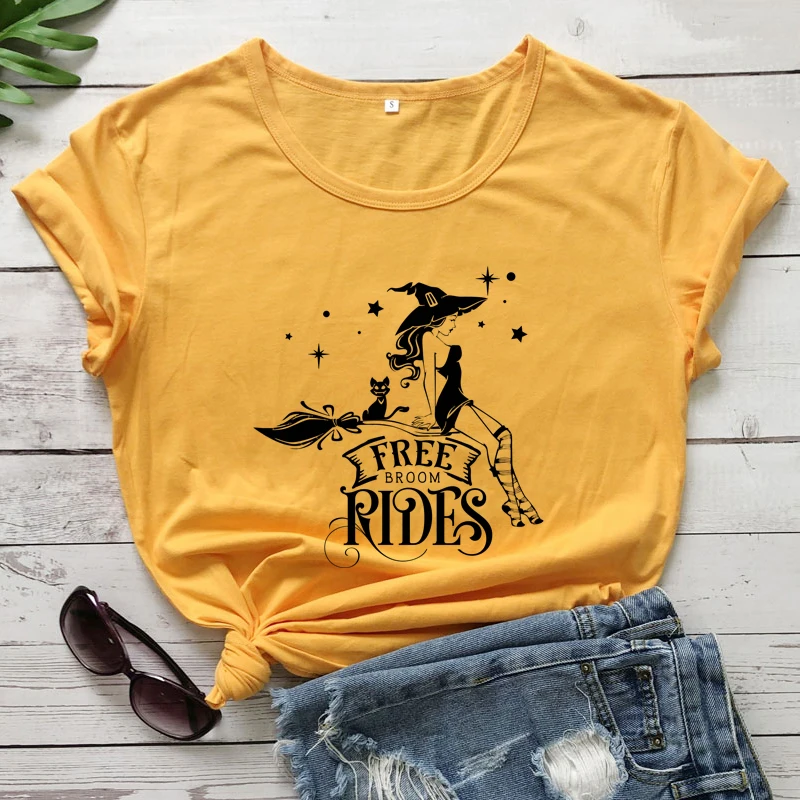 free broom rides tshirt aesthetic women short sleeve halloween witch tee shirt top