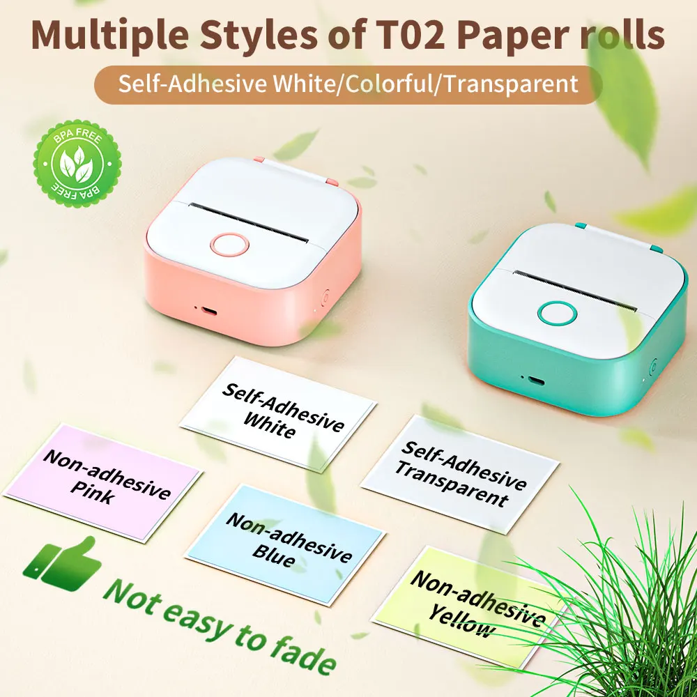 Phomemo T02 Mini Portable Printer Thermal Printing Sticker Wireless Inkless Pocket Printer Self-adhesive Label Printer