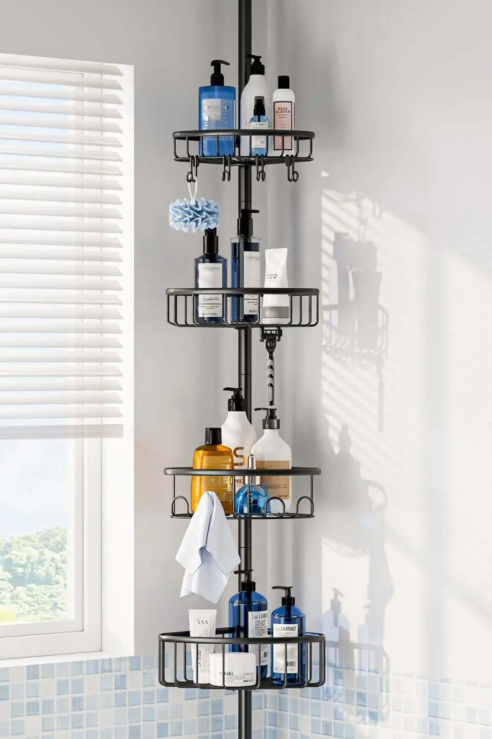 

Corner Shower Caddy Tension Pole: Stainless Steel Rustproof 4-Tier Shower Organizer - 47-121 inch Adjustable Bathroom Shelves fo