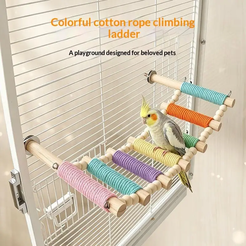 Interactive Parrot Climbing Ladder Colorful Wooden Rope Wrapped Bird Toy for Small Medium Parrot Cage Play Training 1Pcs