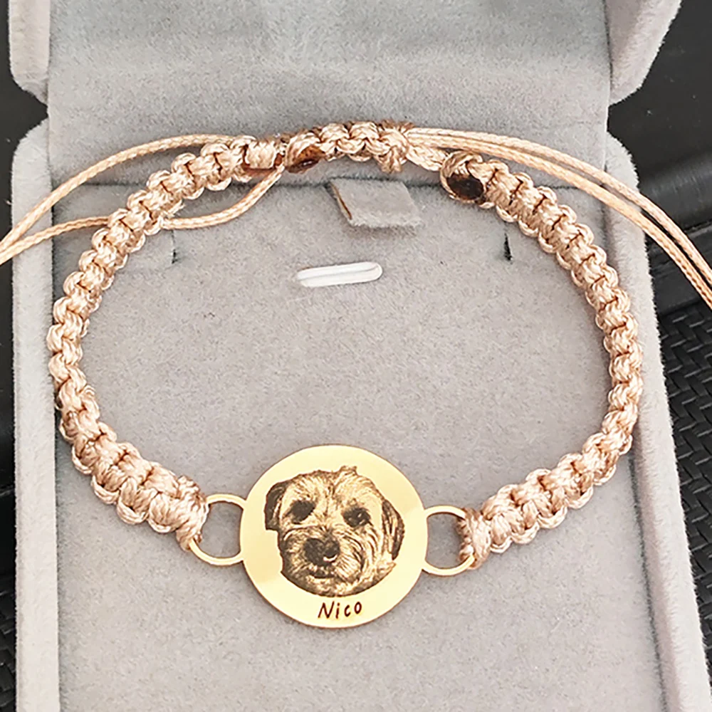 

Personalized Customized Engraved Pet Photo Cat Dog Horse Bird Portrait Bracelet Stainless Steel Adjustable Braided Rope Bracelet