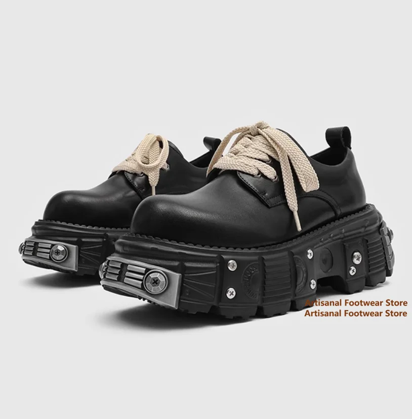 

Punk Style Thick Soled Derby Shoes for Men Studded White Wide Shoelaces Metal Round Toe Leather Casual Shoes New In Men's Shoes