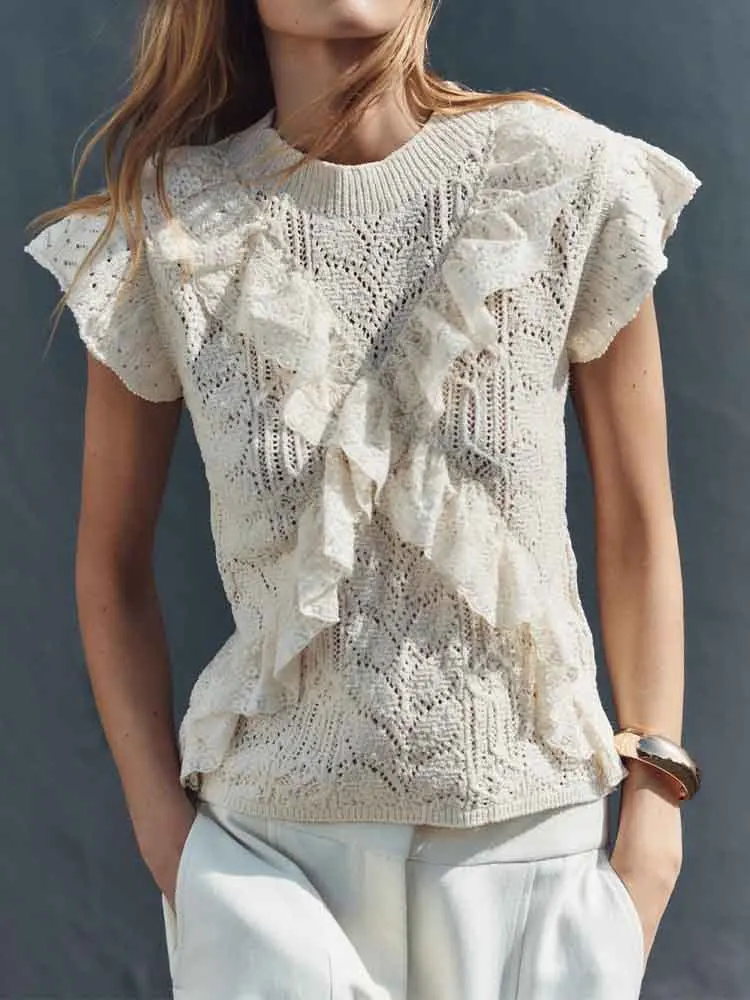 

European style new women's clothing sweet fashion versatile layered jacquard mesh short-sleeved knitted top