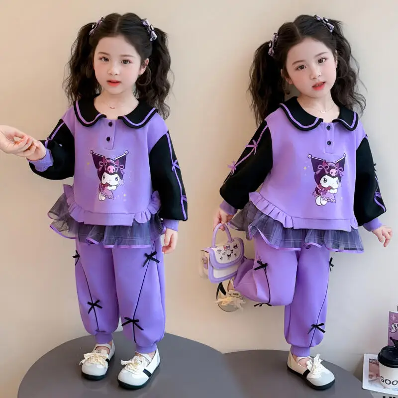 

Children's Kawaii Bow Long Sleeved Sweatshirt Set New Girls Doll Collar T Shirt Fashionable Spring Autumn Pants Two Piece Tops