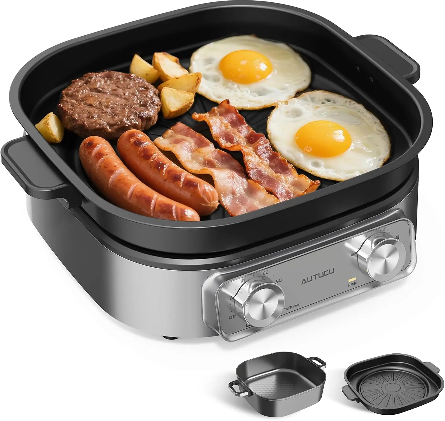 6 Quart Electric Skillet Grill Nonstick PFOA Free Ceramic Coated Pot 1600W Timer 3 Power Settings Steak Egg Ramen Includes Tongs