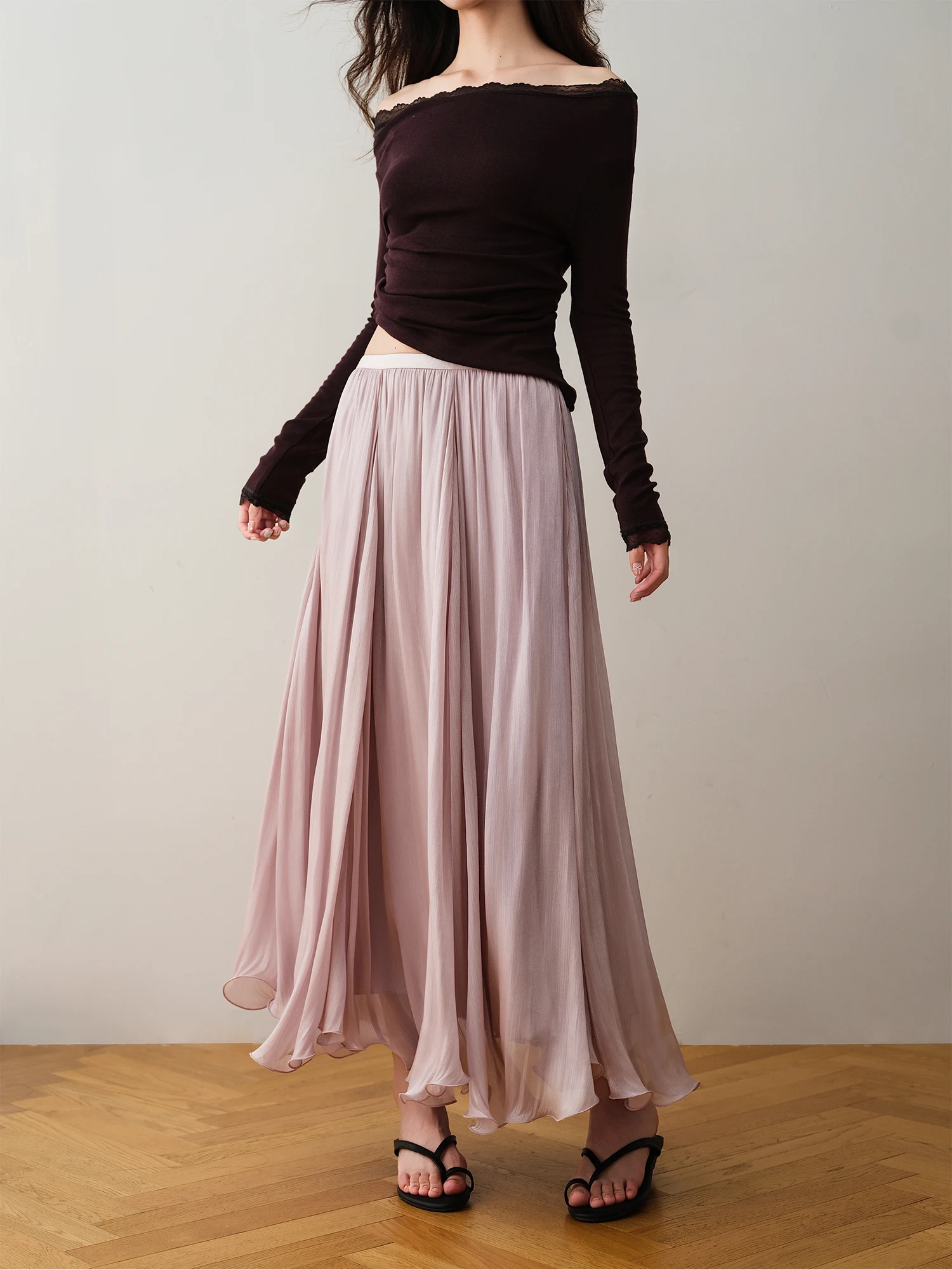 

Юбка А-силуэта Ele Early Autumn RONRON с высокой талией из полиэфирного волокна, французская длинная юбка с подкладкой для женщин