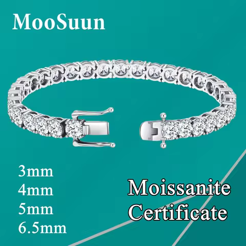 Moosuun pulseira de tênis com diamante moissanite, 3mm-6,5mm, para mulheres e homens, joias finas de luxo, teste de passagem, prata esterlina s925