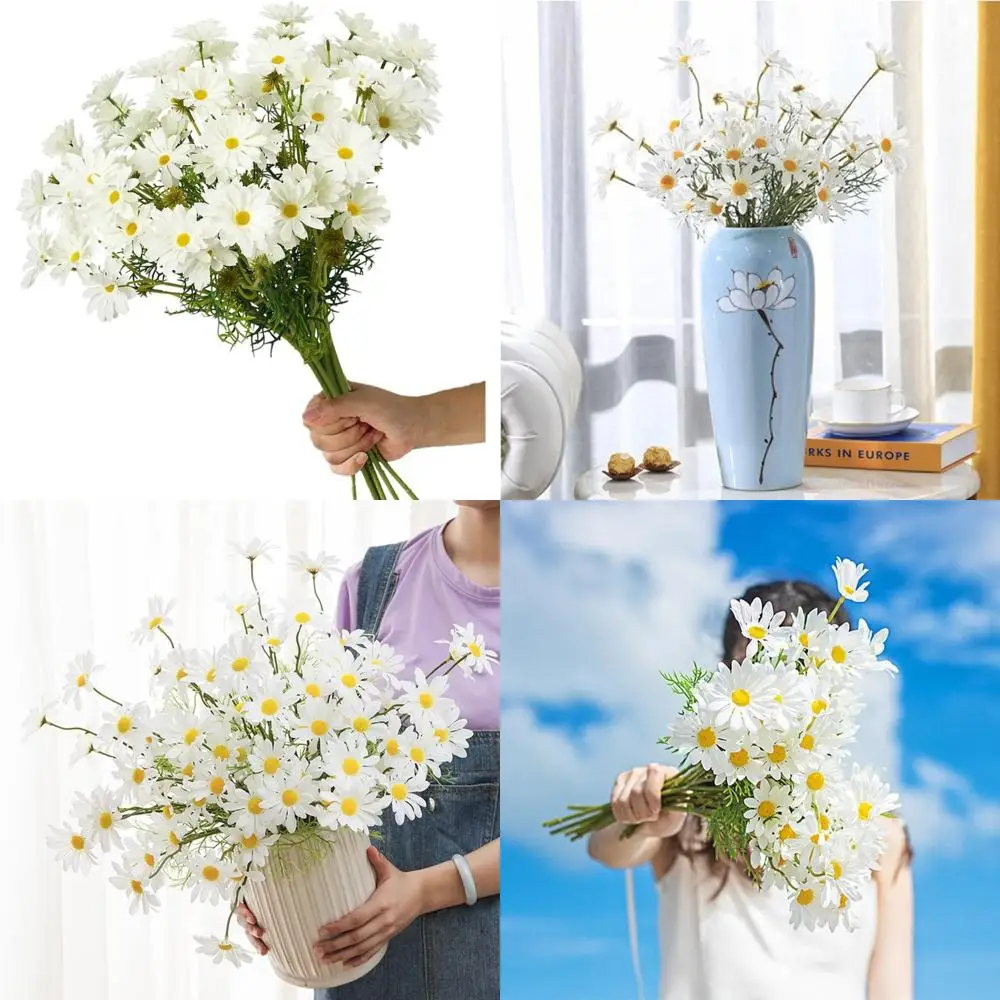 

15 связок искусственных цветов, белые искусственные цветы ромашки, устойчивые к ультрафиолетовому излучению, уличные искусственные полевые цветы с стебельями, искусственная зелень Shru
