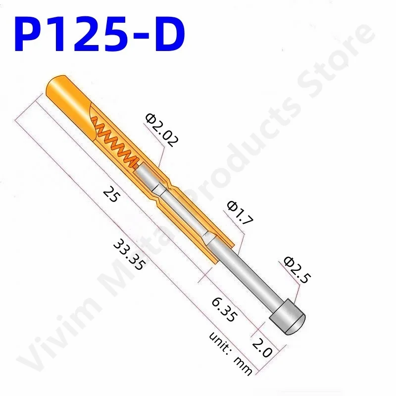 100PCS P125-D Spring Test Probe Test Pin Pogo Pin Total Length 33.35mm Copper Nickel Plated Head Dia 2.5mm Pin Dia 2.02mm