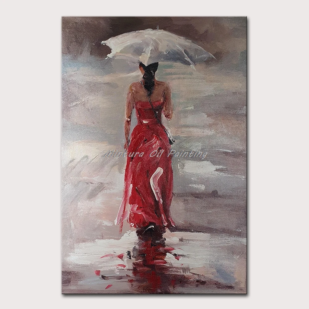 Mintura,Wall Picture for Living Room Oil Painting on Canvas,Handpainted Red dress Girl Raining Home Decoration Wall Art No Frame