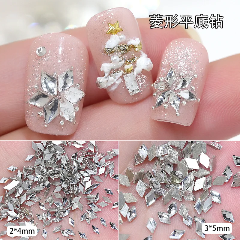 100개 반짝이는 투명한 흰색 미니 마름모 플랫백 다이아몬드 유리 네일 아트 라인스톤 눈송이 장식 매니큐어 참