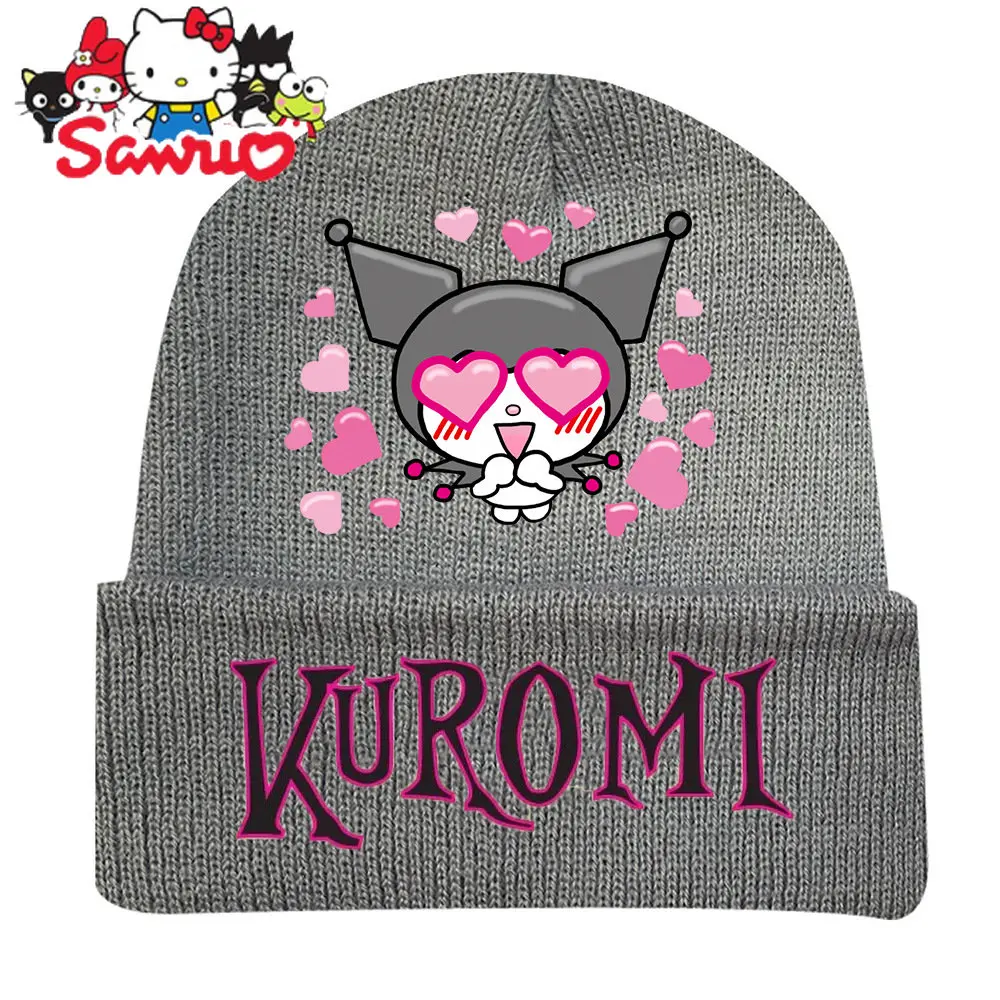 Sanrio Kuromi Winter Anime Print Beanie Knit Hat Outdoor Warming Windproof Warm Headgear Student Anime Girls Ear Protection Cap