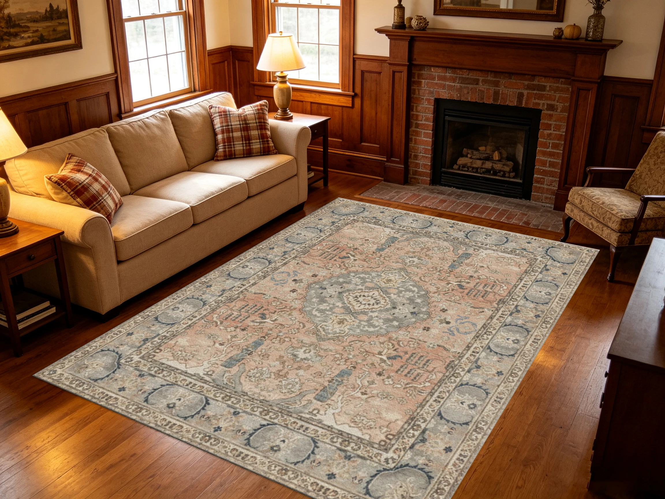 Muted Pink Oriental Medallion Carpet Flooring Antique Distressed Floral Indoor Area Rug for Home Decor