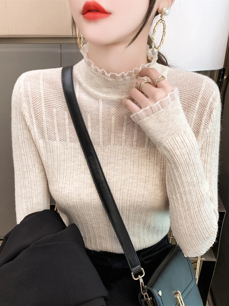 Lace Mock Neck Women Sweater Sexy See-through Knitwear Pullovers Jumper Autumn Winter Solid Soft Long Sleeve Sweaters Female Top