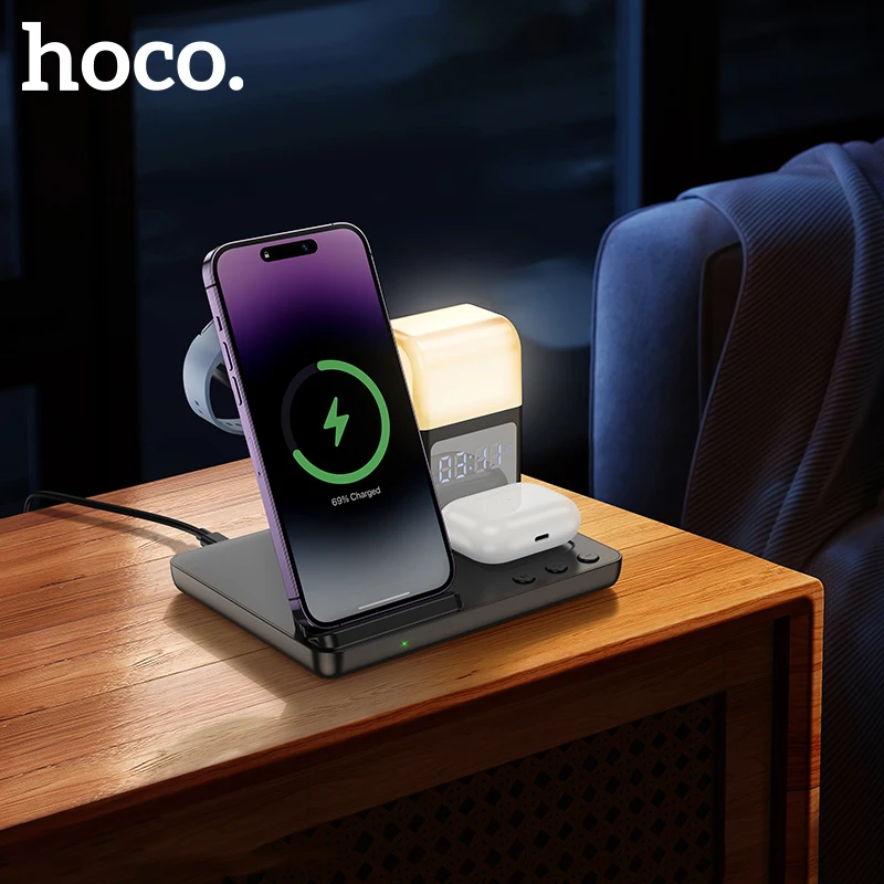 HOCO CQ9 3-in-1 Wireless Charging Destop Stationwith Clock/Night Light Wireless Charger For iWatch Samsung Watch 1-5 Generations