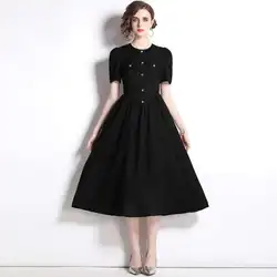 Summer Autumn Heart Shape Button Hepburn Style Black Midi Dress Women Short Sleeve Office Lady Party Prom Vestidos Long