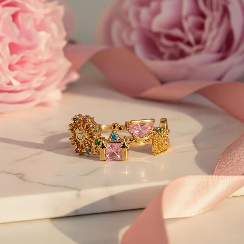 Amusement Park Ring Exquisite Colored Zircon Inlaid Cute Sweet Design Versatile Fashion Wedding Party Jewelry Accessory Gift