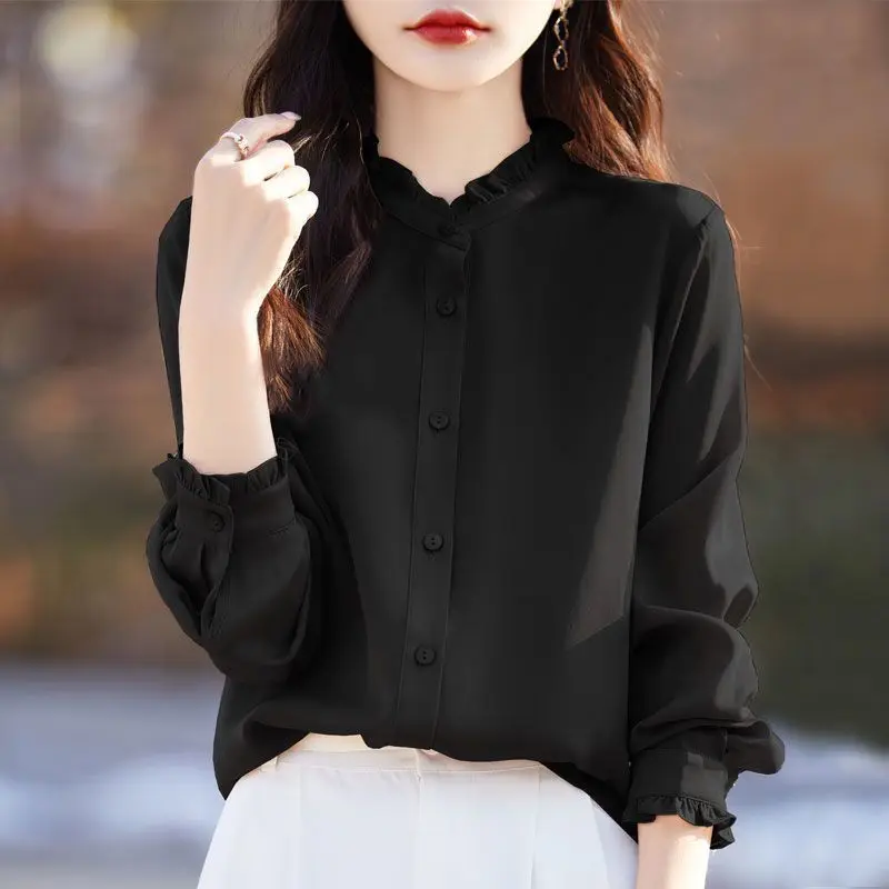 Camisa temperamental con orejas negras, chaqueta para mujer, camisa con cuello levantado, cárdigan básico elegante, parte superior interior, manga larga, versátil