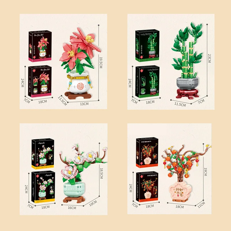 Simulato cachi/fiore/bambù modello blocchi di costruzione pianta in vaso in stile cinese assemblato decorazione della stanza mini mattoni fai da te giocattolo