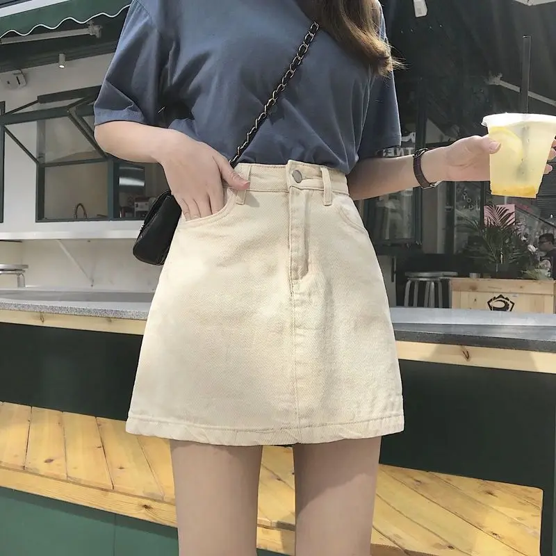 Basic Solid Color High Waist Denim A-Line Skirt, Button Fly Pocket Short Mini Jean Skirt for Women