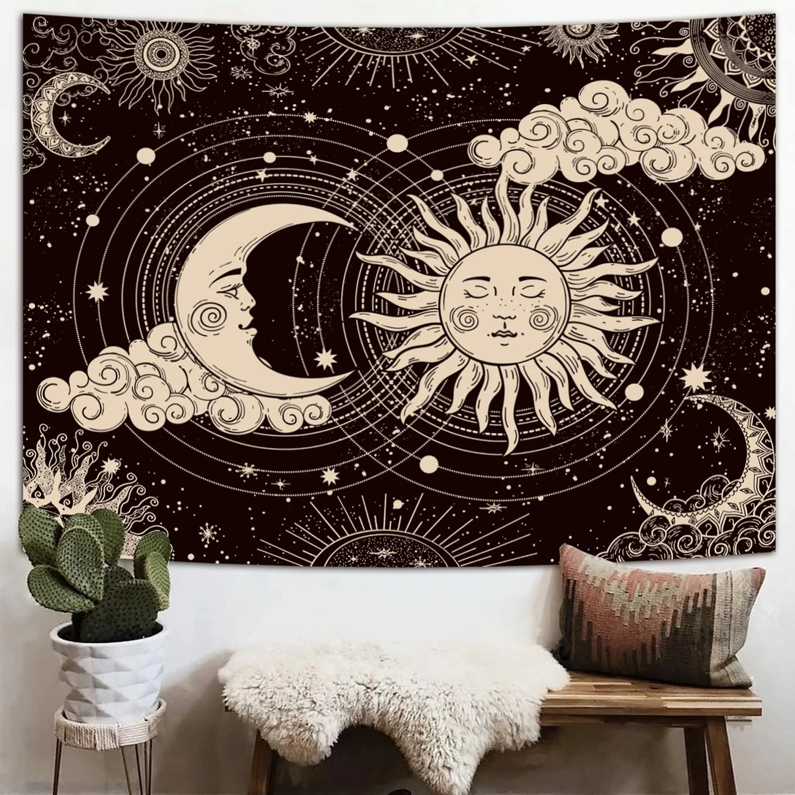VIKAMA Sun and Moon Totem Tapestry Bohemian Black and White Starry Sky Wall Hanging for Bedroom Living Room Dorm Home Decor