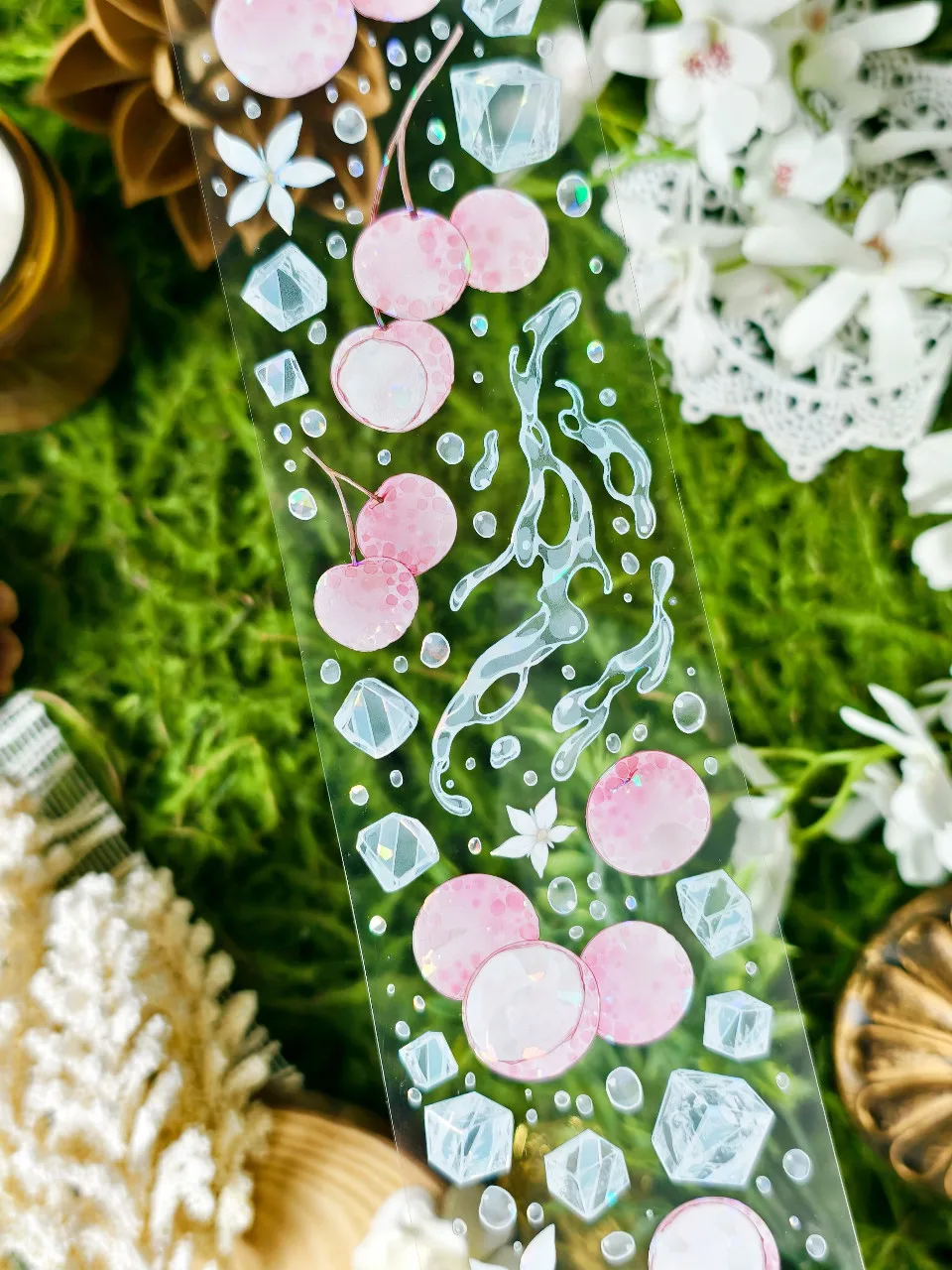 Lychee Sparkling Water PET Shell Light Washi Tape, Ice Cube Fruit Pink, for Journal Scrapbooking Collage DIY Craft