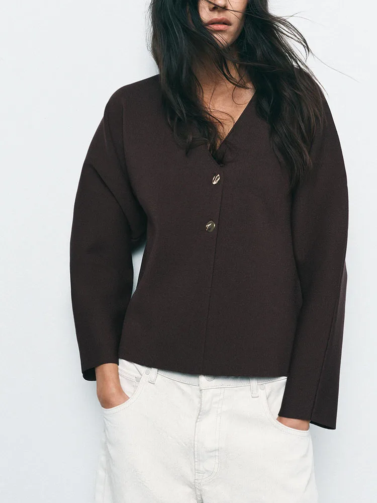 

Spring New Arrival Women's Knitted Long Sve V-Ne Double Breasted Jaet Simple Versatile Single Button Outerwear