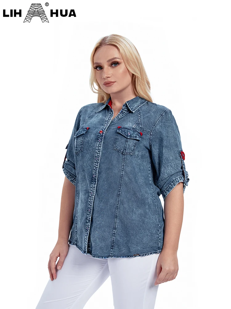 LIH HUA Women\'s Plus Size Denim Shirt Spring Fashion Elegant Shirt For Chubby Women\'s Woven Cotton Shirt