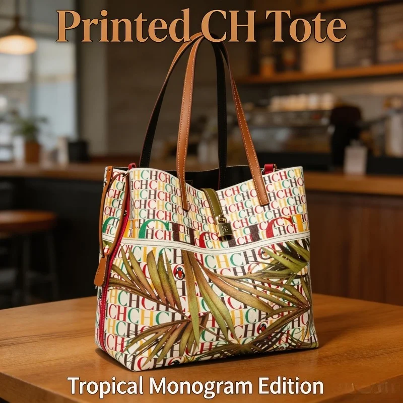 CHHC Women Tropical Leaf Letter Print Tote Bag Faux Leather Large Capacity Vacation Style Top Handle Shoulder Handbag