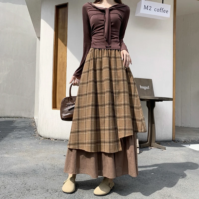 Vintage Plaid Woolen Midi Skirt Women Japanese Harajuku Patchwork Asymmetrical Skirts Winter Korean Casual Design A Line Faldas
