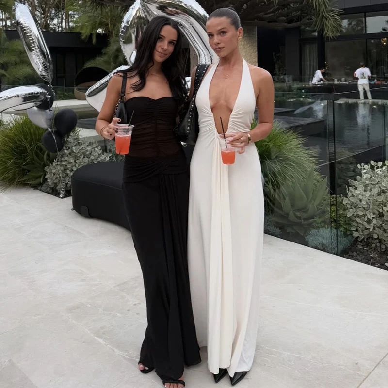 DGLUKE Plunge Halter Neck Maxi Dress Summer Sexy Ruched bodycon Long Dresses For Women Draped Mermaid Evening Dresses Luxury