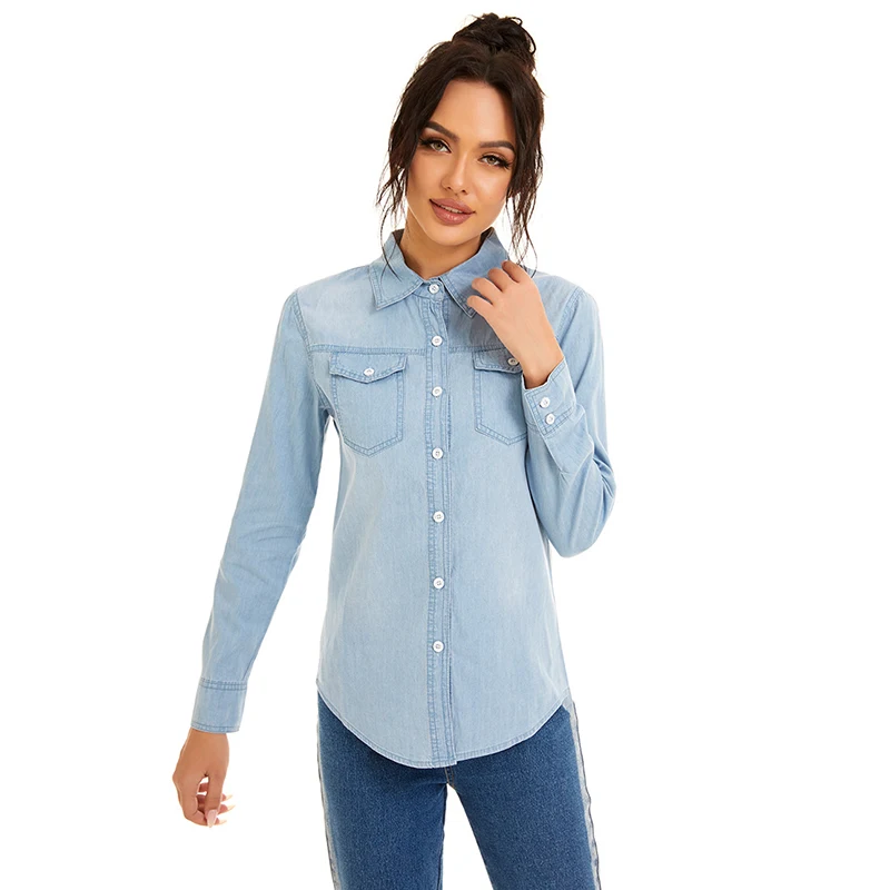 Streetwear Light Blue Cotton Thin Basic Shirts Jeans Woman 2024 Spring Long Sleeve Denim Blouses Ladies Tops Clothes