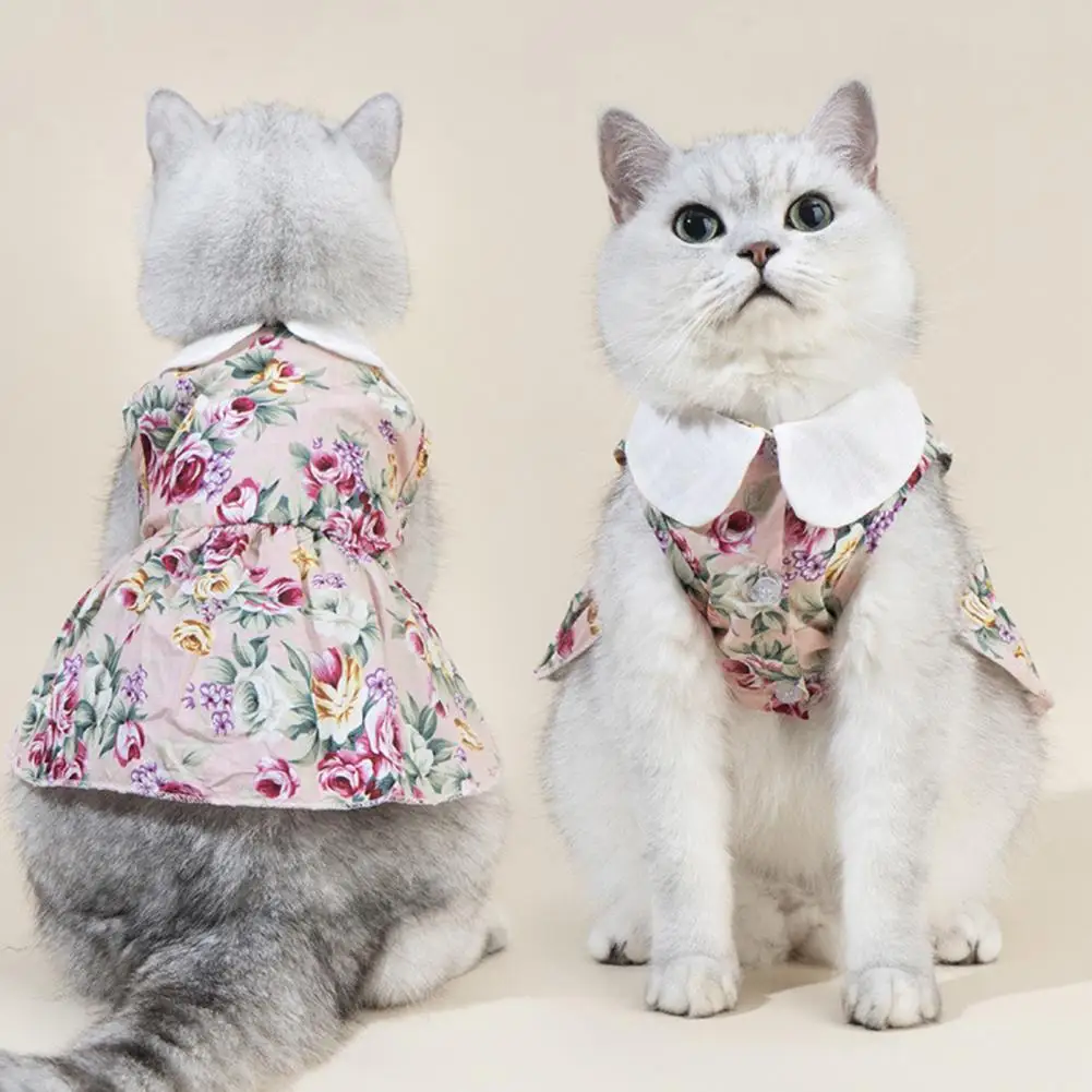 Cat Dresses Press Button Adorable Breathable Kitten Skirt Adorable Lapel Collar Puppy Flower Dress Pet Clothes For Home Wear