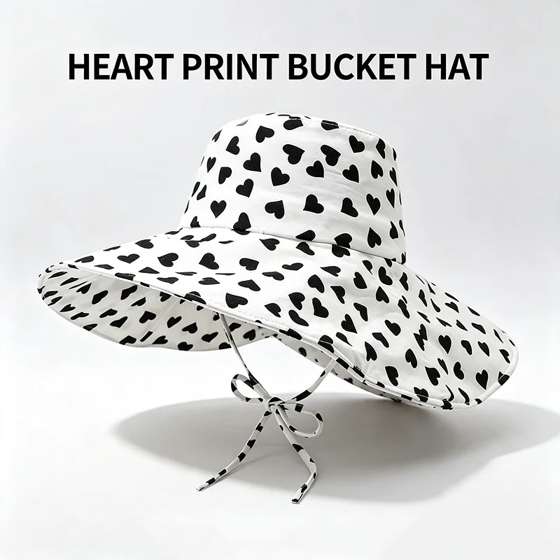 Korean Style Heart Print Wide Brim Fisherman Hat Face Slim Chin Strap Japanese Fresh Beach Travel UV Protection Women Sun Hat
