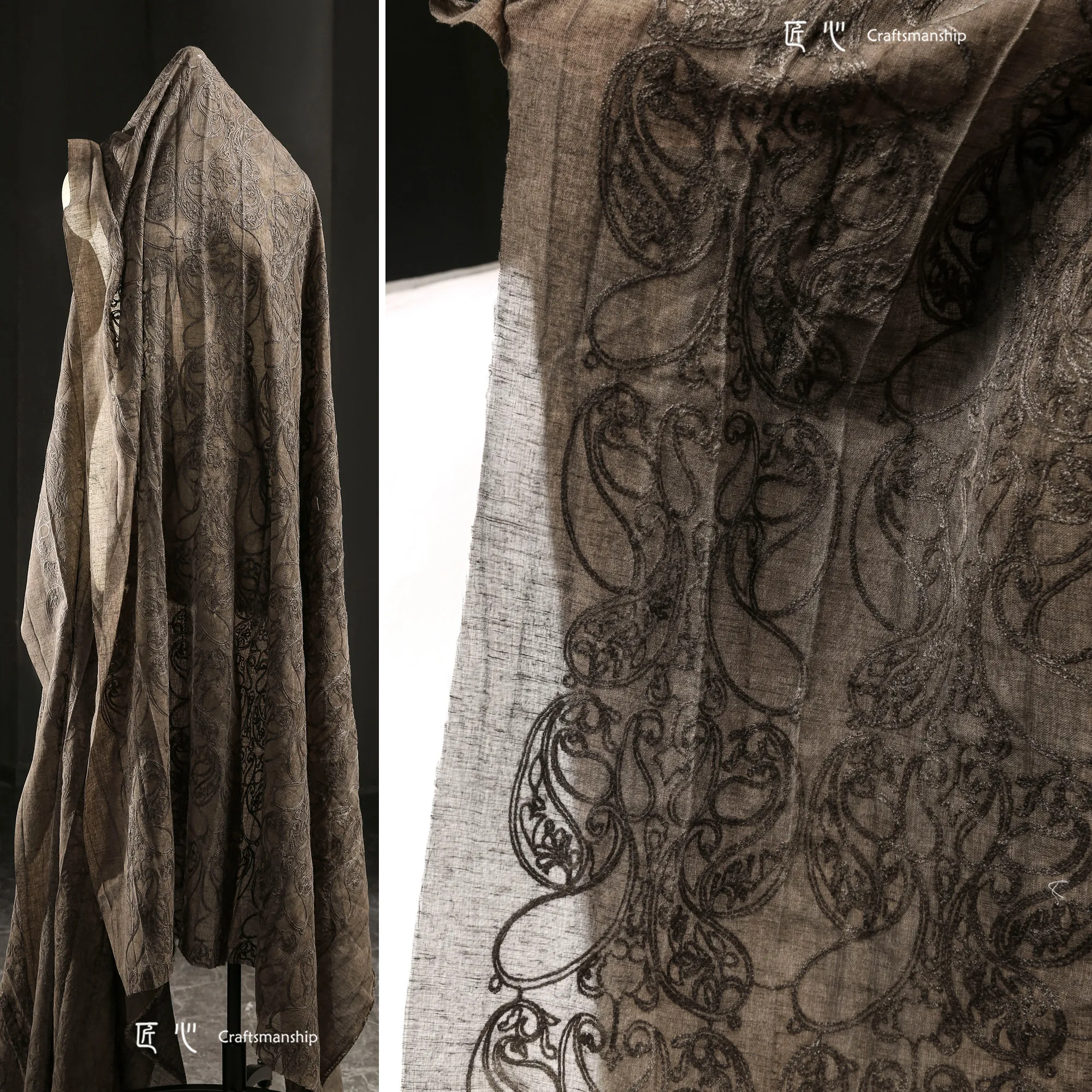Retro Baumwolle und Leinen Dreidimensionale Seilstickerei Altfarben-Textur-Stoff Zen Dünner Rock Strickjacke Kleidungsstoff – Detail 1