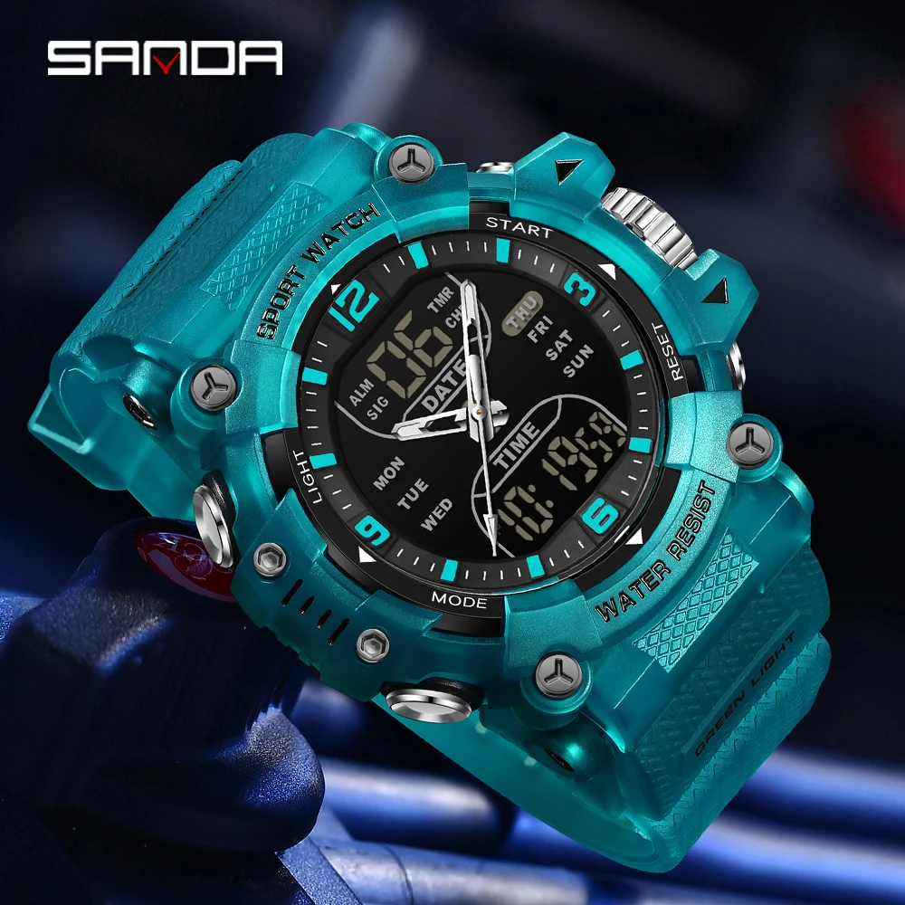 

SANDA 6323 Мужские электронные часы с двойным дисплеем, светящиеся водонепроницаемые студенческие часы для спорта на открытом воздухе, многофункциональные цифровые часы