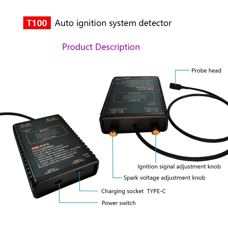 T100 Auto Ignition System Detector For 12V 24V Ignition System To Test Ignition Signal And Spark Voltage