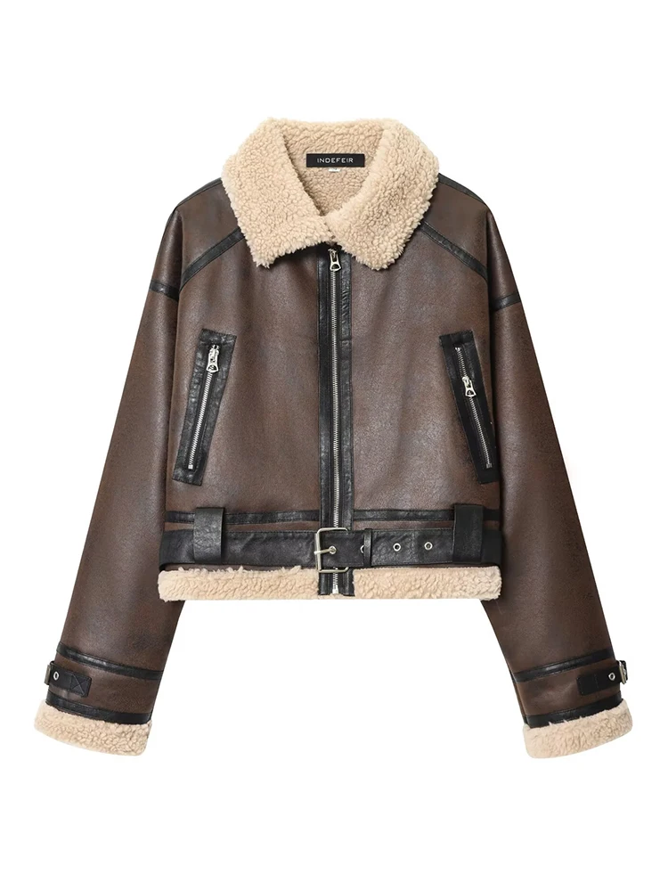 

Женская кожаная куртка 2025 г., женская уличная куртка с длинным рукавом на молнии и подкладкой из овечьей шерсти, короткие пальто, женская осенняя новая верхняя одежда