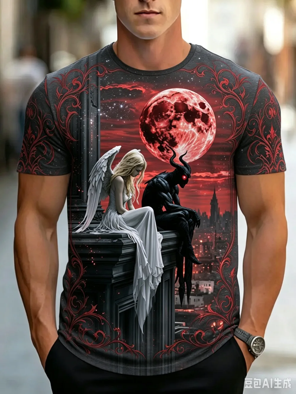 Blood Moon Angel and Demon Patterns 3D Printed Men and Women T-shirt Fashion Breathable Quick-drying Outdoor Sports Leisure Tops