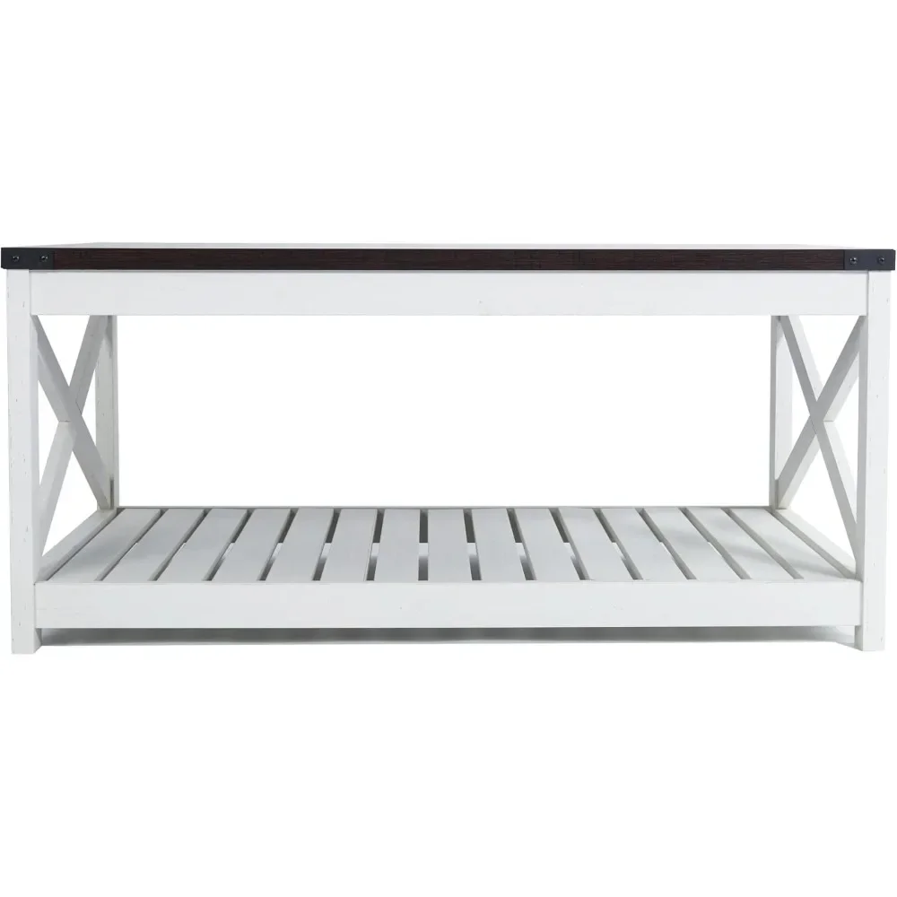 Mesa de centro Farmhouse com prateleira de ripas e proteção de canto, 40 polegadas, branco vintage/espresso