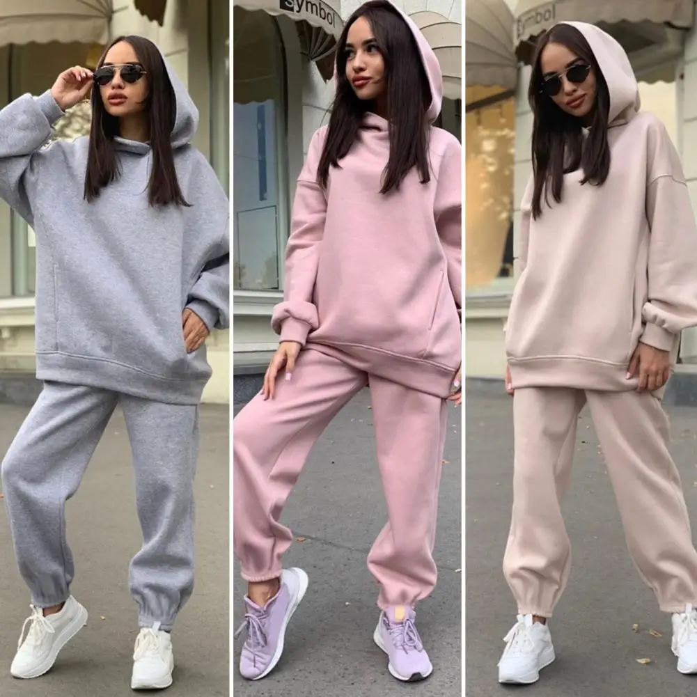 

2 Pcs/Set Trendy Hooded Pullover Lady Hoodie Pants Set Elastic Cuff Deep Crotch Winter Hoodie Pants Set