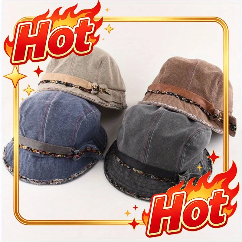 Custom Hat Vintage Washed Denim Bucket Hat With Floral Band Detail, Cotton Crafted With Stripe Stitching, Unisex Korean Style Ca