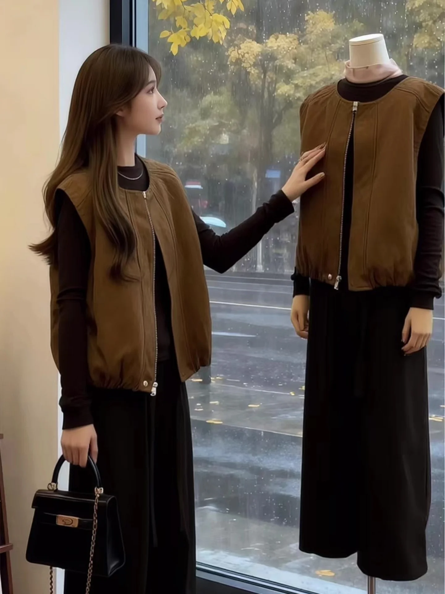 

plus Size Women's Suede Zipper Vest Spring New Design Age Reduction Sleeveless Jacket Outerwear Korean Workwear Style