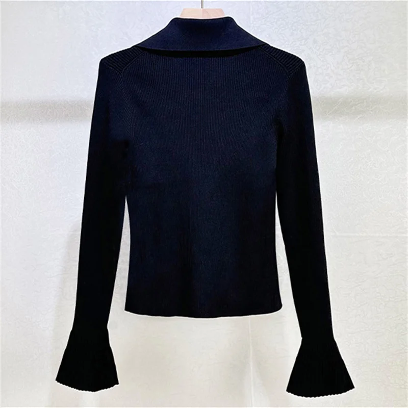 Cárdigan para mujer primavera 2026 nuevo tejido elástico ajustado top de manga larga manga trompeta solapa suéter de mujer abrigo de mujer