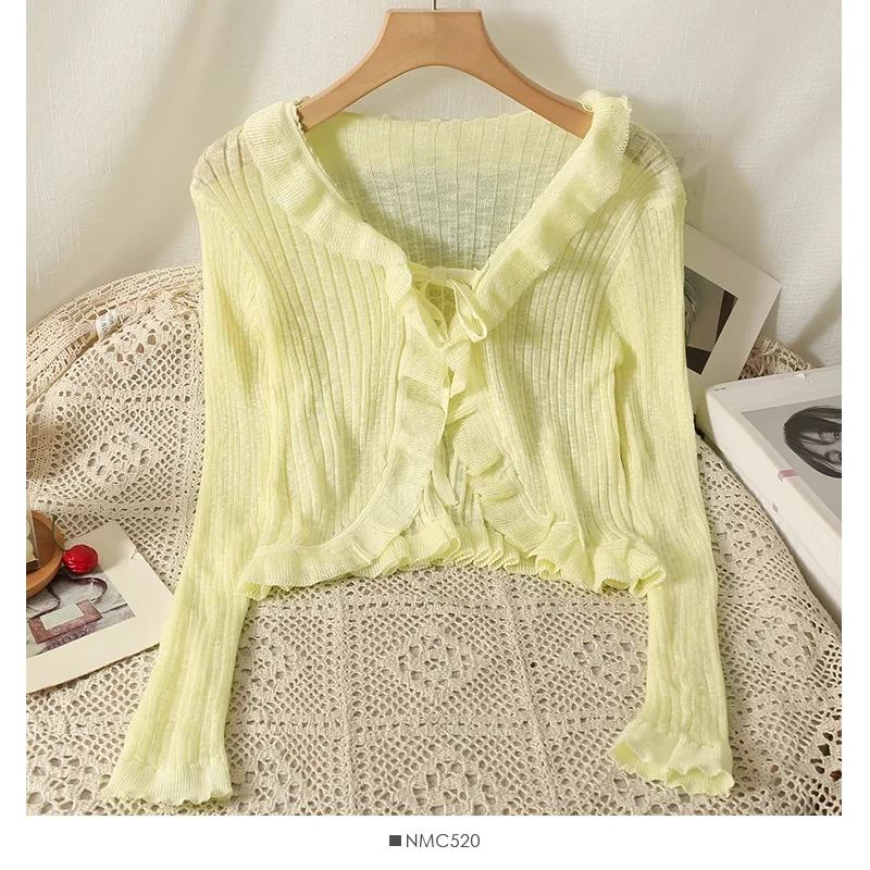 

Sweet Solid Fungus Lace Up Knitted Cardigan Women Autumn Thin Transparent Long Sleeve Sweater Shawl Y2k Crop Top