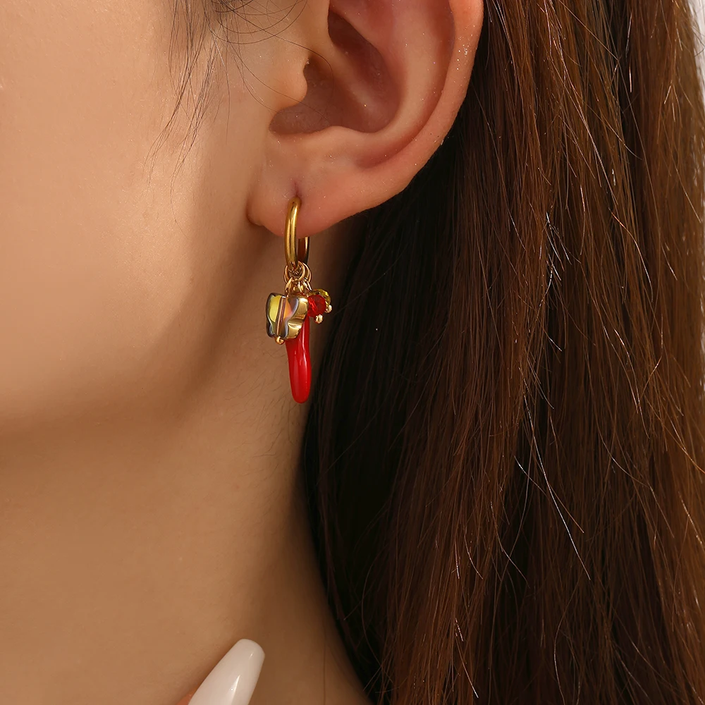 MEYRROYU 316L Stainless Steel Colored Crystal Butterfly Red Pepper Pendant Earrings Lady New Fashion Ear Studs Jewelry Gift ﻿